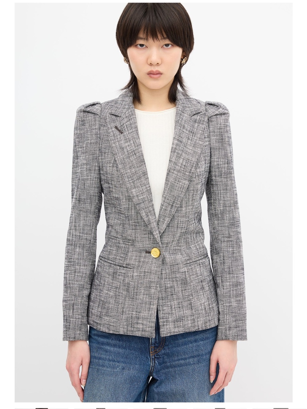 Smythe Crosshatch Box Pleat Gray Textured Single-Button Blazer with Gold Button